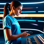 A focused professional female gamer in modest, modern athletic wear, standing confidently in a sleek, minimalist esports arena. She holds a professional gaming controller, looking intently at an abstract, dynamic display of game data. The background features subtle, stylized light patterns suggesting speed and a race track. The atmosphere is determined and strategic, with an emphasis on concentration and skill. Fully clothed, appropriate attire, safe for work, perfect anatomy, correct proportions, natural pose, well-formed hands, proper finger count, professional photography, high quality, professional.