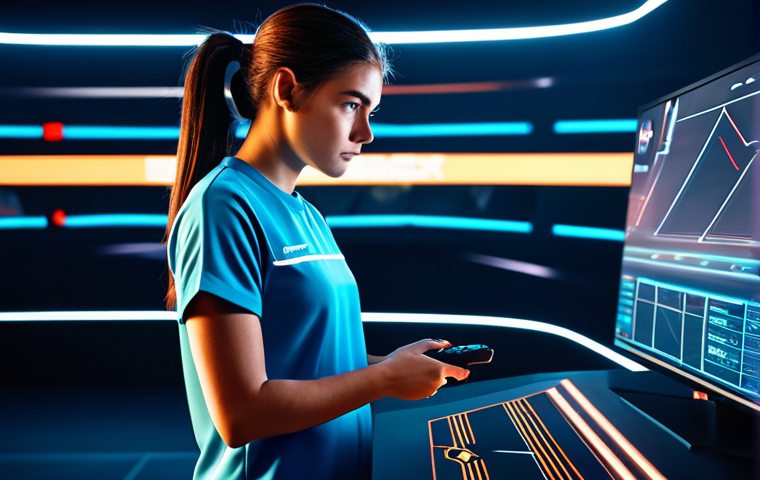 A focused professional female gamer in modest, modern athletic wear, standing confidently in a sleek, minimalist esports arena. She holds a professional gaming controller, looking intently at an abstract, dynamic display of game data. The background features subtle, stylized light patterns suggesting speed and a race track. The atmosphere is determined and strategic, with an emphasis on concentration and skill. Fully clothed, appropriate attire, safe for work, perfect anatomy, correct proportions, natural pose, well-formed hands, proper finger count, professional photography, high quality, professional.