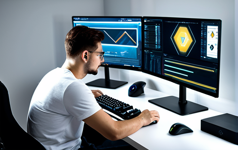 A professional gamer, fully clothed in appropriate, modest attire, deeply focused at a high-tech gaming desk in a modern, clean home office. The gamer is intently looking at multiple monitors, one displaying abstract elements of a competitive game's user interface, including subtle progress bars and a stylized "Diamond" rank icon, symbolizing personal achievement and dedication. The scene conveys intense concentration and the quiet satisfaction of overcoming challenges through persistence. The lighting is soft and ambient, highlighting the subject's determined expression. safe for work, appropriate content, family-friendly, perfect anatomy, correct proportions, natural pose, well-formed hands, proper finger count, natural body proportions, professional photography, high quality, realistic.