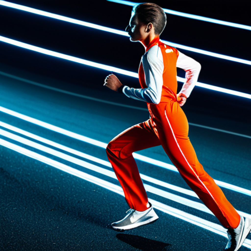 A dynamic Tales Runner-style athlete, mid-stride, racing at high speed on a vibrant, futuristic race track. The track features glowing neon lines, a wide, open straightaway, and a subtle curve in the distance. The athlete wears a sleek, professional racing uniform in bright, sporty colors. The lighting is bright and energetic, casting dynamic shadows. High-quality professional photography, ultra-detailed, sharp focus. Fully clothed, appropriate attire, modest clothing, safe for work, appropriate content, perfect anatomy, correct proportions, natural pose, well-formed hands, proper finger count, natural body proportions, family-friendly.