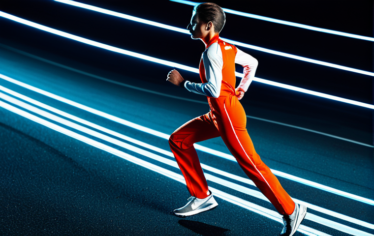 A dynamic Tales Runner-style athlete, mid-stride, racing at high speed on a vibrant, futuristic race track. The track features glowing neon lines, a wide, open straightaway, and a subtle curve in the distance. The athlete wears a sleek, professional racing uniform in bright, sporty colors. The lighting is bright and energetic, casting dynamic shadows. High-quality professional photography, ultra-detailed, sharp focus. Fully clothed, appropriate attire, modest clothing, safe for work, appropriate content, perfect anatomy, correct proportions, natural pose, well-formed hands, proper finger count, natural body proportions, family-friendly.