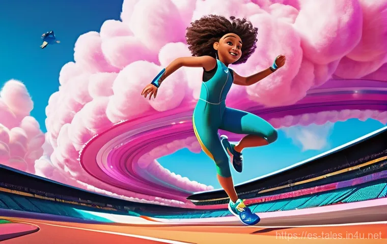 테일즈런너 베테랑 코칭 방법 - **Dynamic "Dash Jump" Over a Fantasy Race Track:** A youthful, energetic character, gender-neutr...