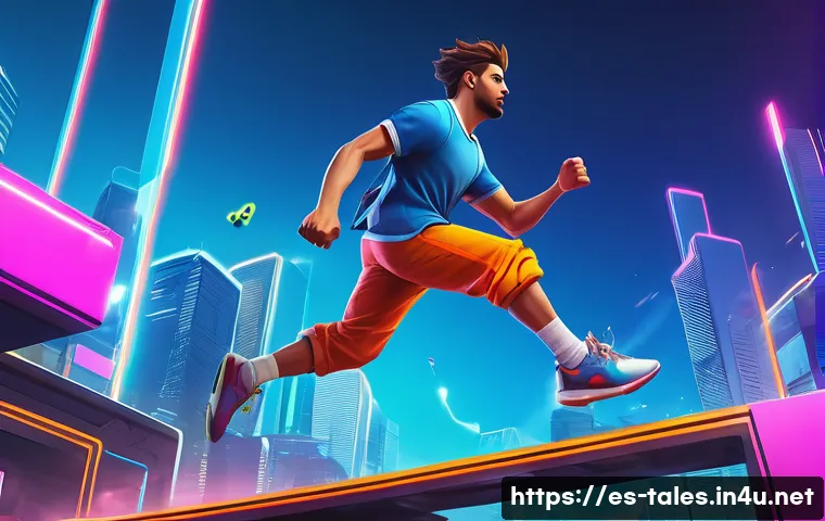 테일즈런너 스피드 맵 기록 세우기 - A dynamic scene of a skilled gamer intensely focused while practicing precise jumps and landings in ...