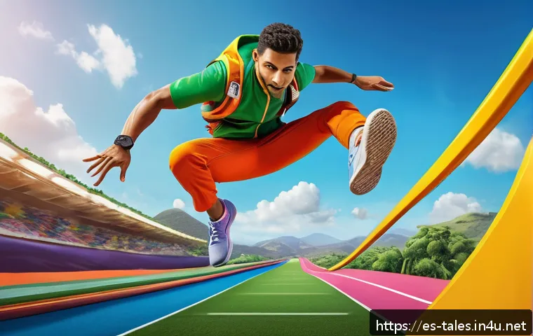 테일즈런너 실력 향상 연습법 - A dynamic scene of a character in mid-air performing a precise double jump over high obstacles on a ...