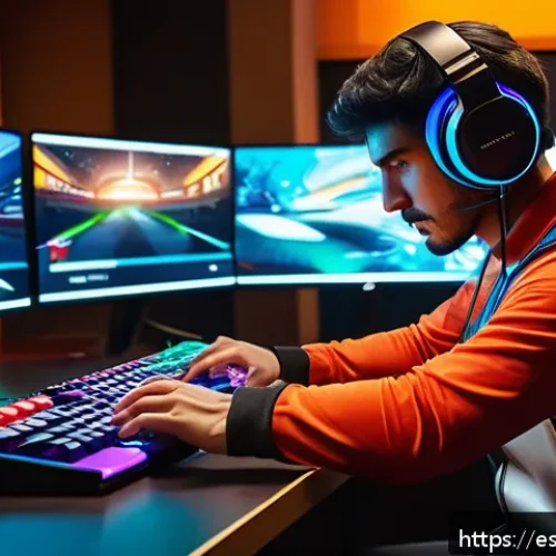 테일즈런너 상위 등급 도달법 - A dynamic scene of a professional esports player intensely focused on mastering a colorful, futurist...