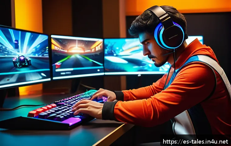 테일즈런너 상위 등급 도달법 - A dynamic scene of a professional esports player intensely focused on mastering a colorful, futurist...