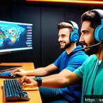 테일즈런너 리더십 발휘법 - A dynamic and colorful esports team in a modern gaming room, all members wearing casual clothes and ...