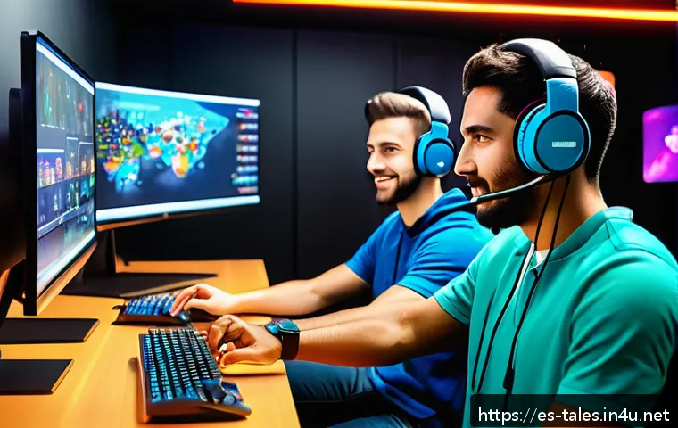 테일즈런너 리더십 발휘법 - A dynamic and colorful esports team in a modern gaming room, all members wearing casual clothes and ...
