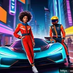 테일즈런너 대규모 업데이트 이벤트 - A vibrant digital art scene showcasing redesigned main characters in a futuristic urban racing envir...