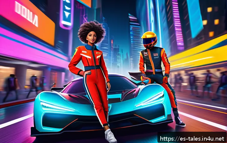 테일즈런너 대규모 업데이트 이벤트 - A vibrant digital art scene showcasing redesigned main characters in a futuristic urban racing envir...