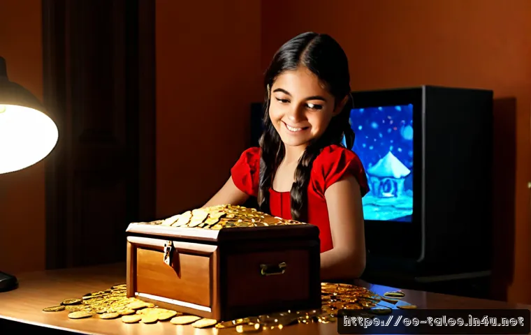 테일즈런너 맵 보상 아이템 - Photorealistic gaming reward scene, a cheerful young adult player at a clean home desk opening a col...