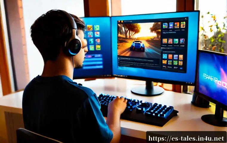 Home 17 테일즈런너 공식 포럼 정보 - Photorealistic young Spanish gamer using a desktop computer at a tidy home desk, viewing a colorful ...